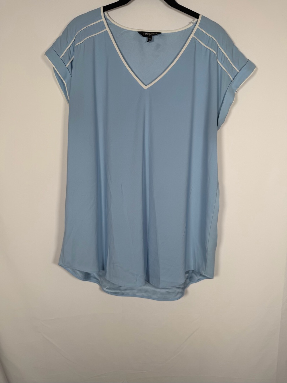 Express Preppy Quiet Luxury Powder Blue‎ V-Neck Blouse with White Trim